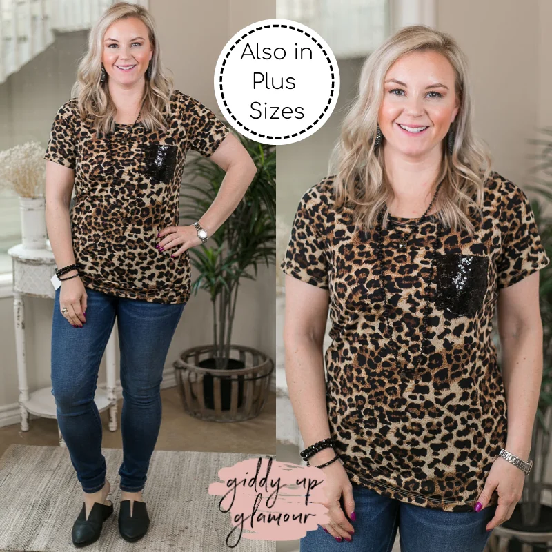 Last Chance Size Medium | Let 'Em Shine Short Sleeve Sequin Pocket Tee in Leopard