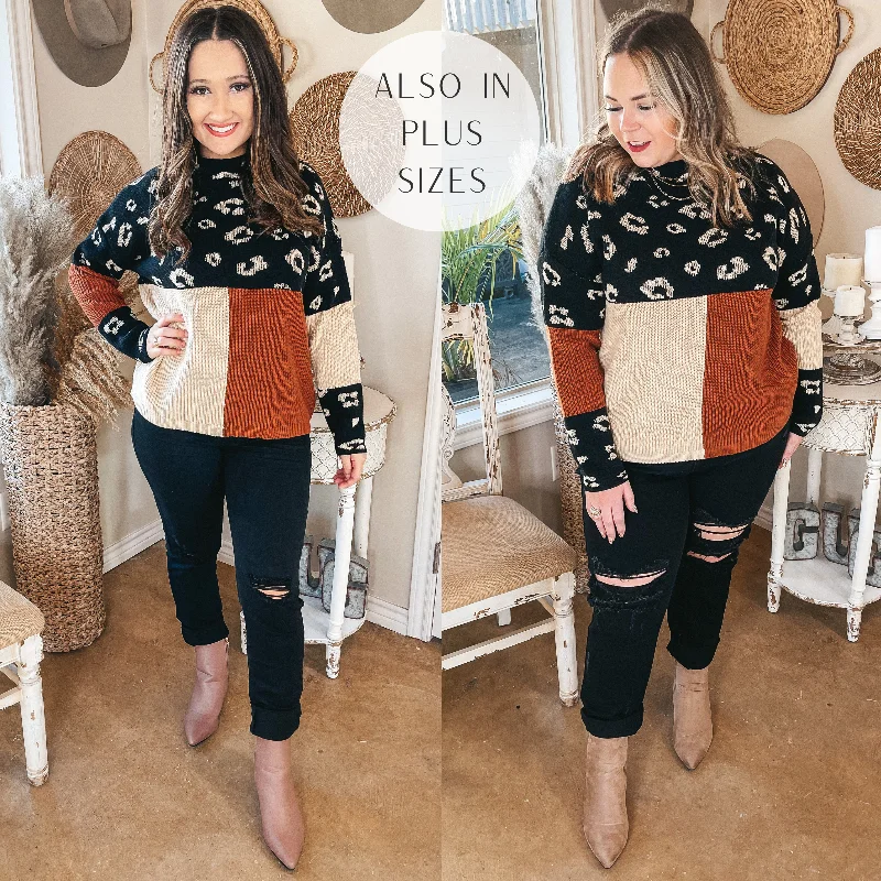 Just Warming Up Leopard Print Color Block Knit Pullover Sweater in Black & Rust