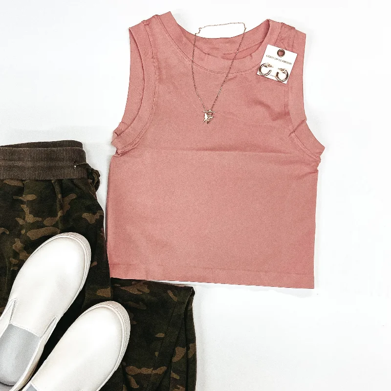 Chill Date High Cropped Muscle Tank Top in Mauve Pink