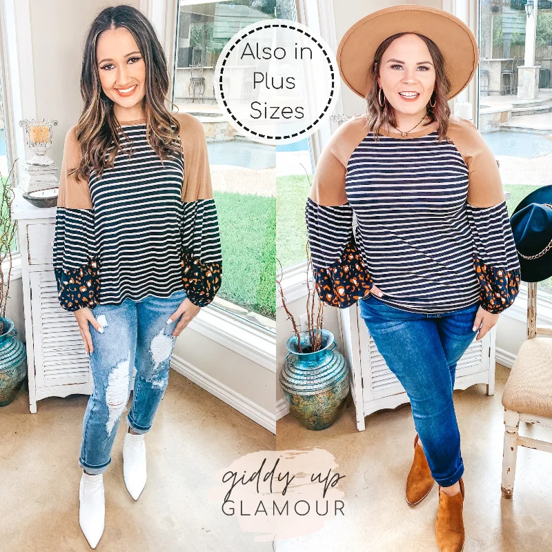 No Looking Back Striped Top with Multi Print Puff Sleeves in Black and Tan