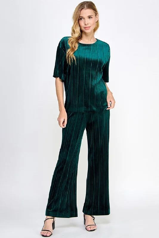 Velvet Pleated Top-Green