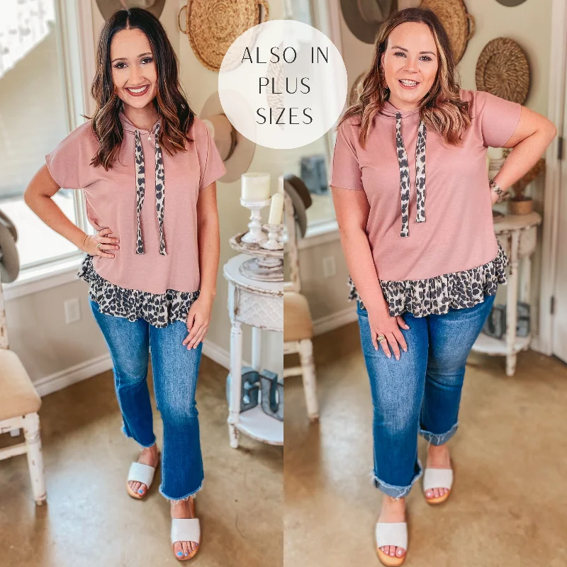 Take a Hike Short Sleeve Leopard Peplum Hoodie Top in Mauve Pink