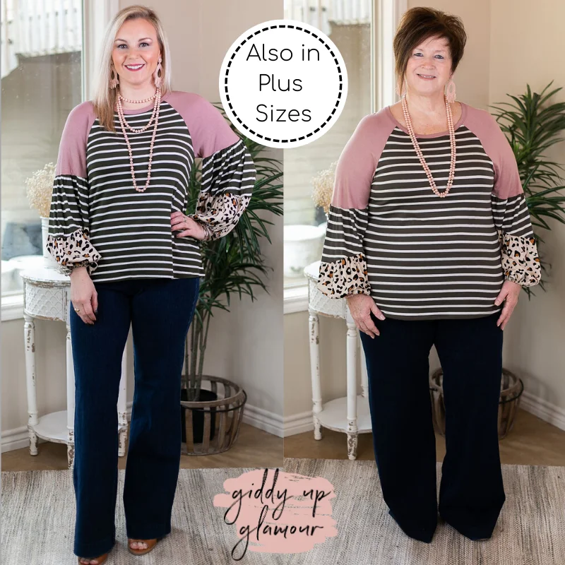 No Looking Back Striped Top with Multi Print Puff Sleeves in Olive Green and Pink