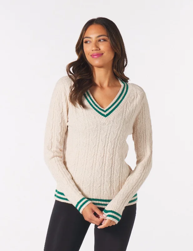 Hanalei Cable Knit Sweater: Oatmilk/Emerald