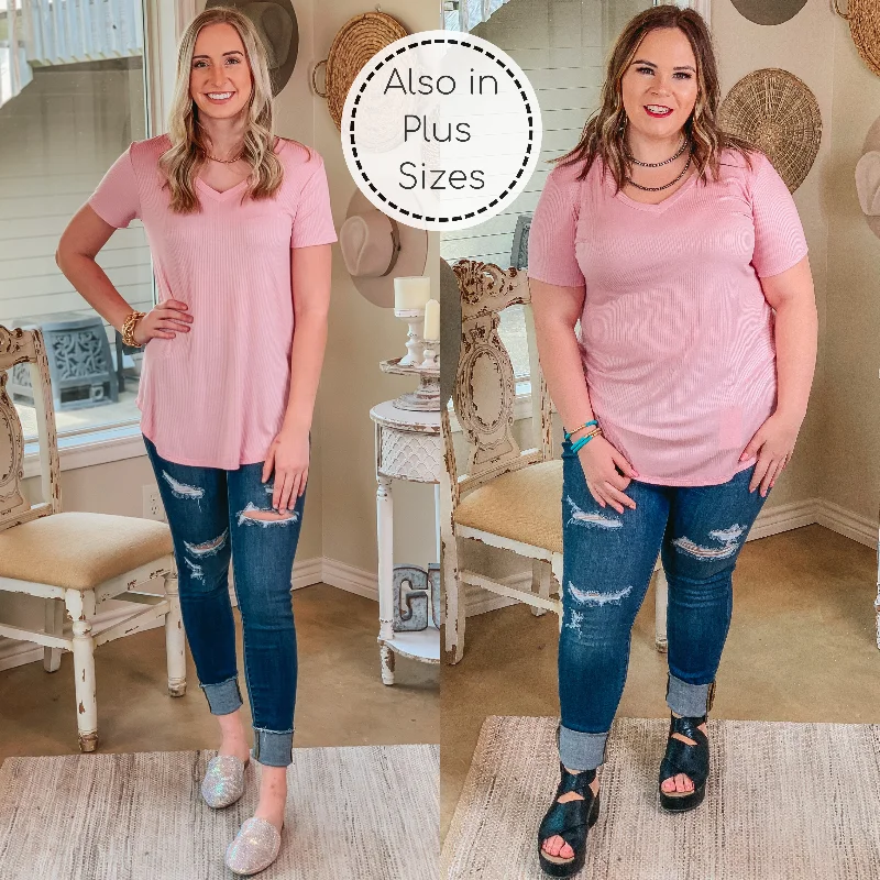 Simply Obsessed Ribbed Short Sleeve V Neck Top in Light Pink