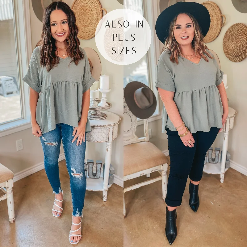 Touring the City Short Sleeve V Neck Babydoll Top in Sage Green