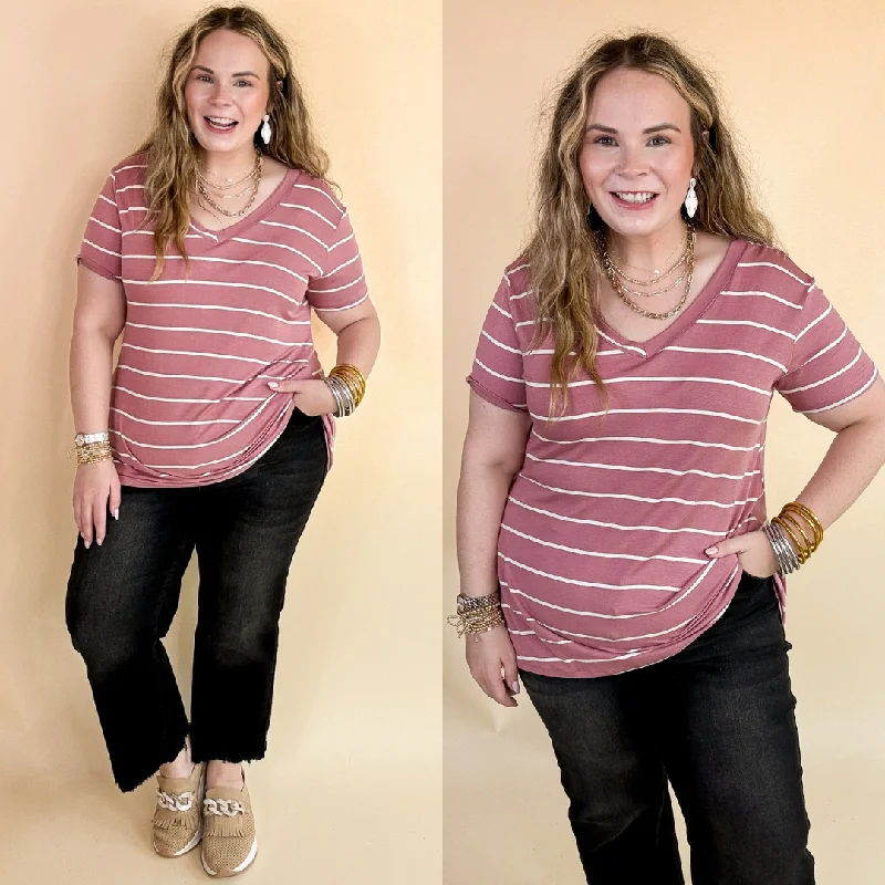 Keep Things Casual Striped V Neck Tee in Mauve