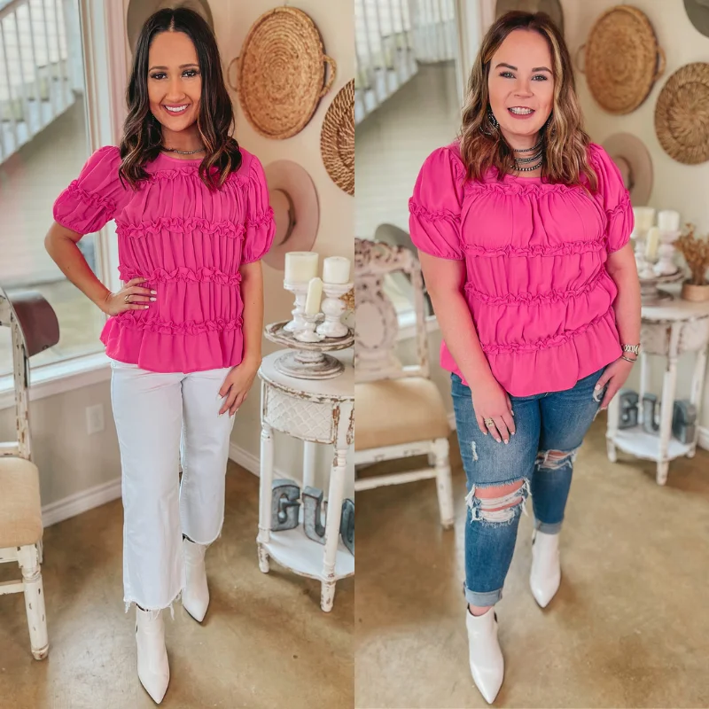 Last Chance Size Large | Hollywood Stroll Short Sleeve Ruffle Blouse in Fuchsia