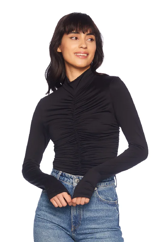 mock neck gathered front long sleeve top