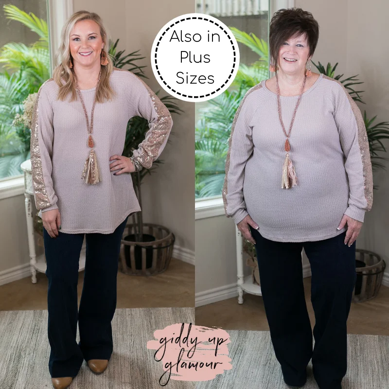 Find Your Happiness Knit Long Sleeve Top with Rose Gold Sequin Accents in Beige Ivory