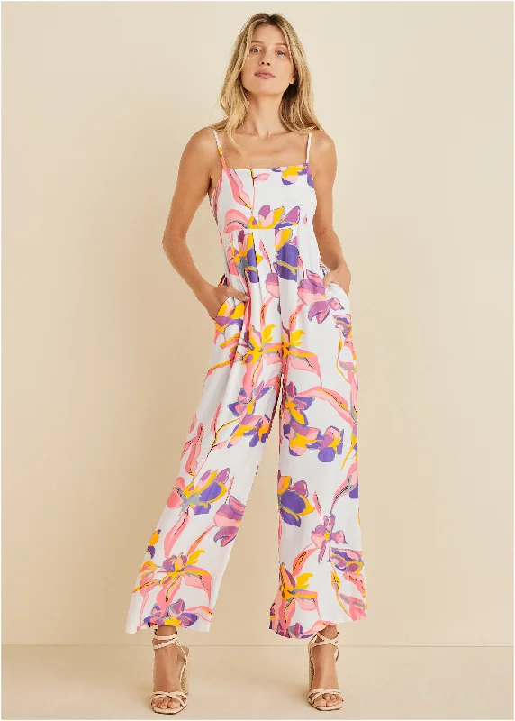 Square Neck Printed Jumpsuit  - White Multi