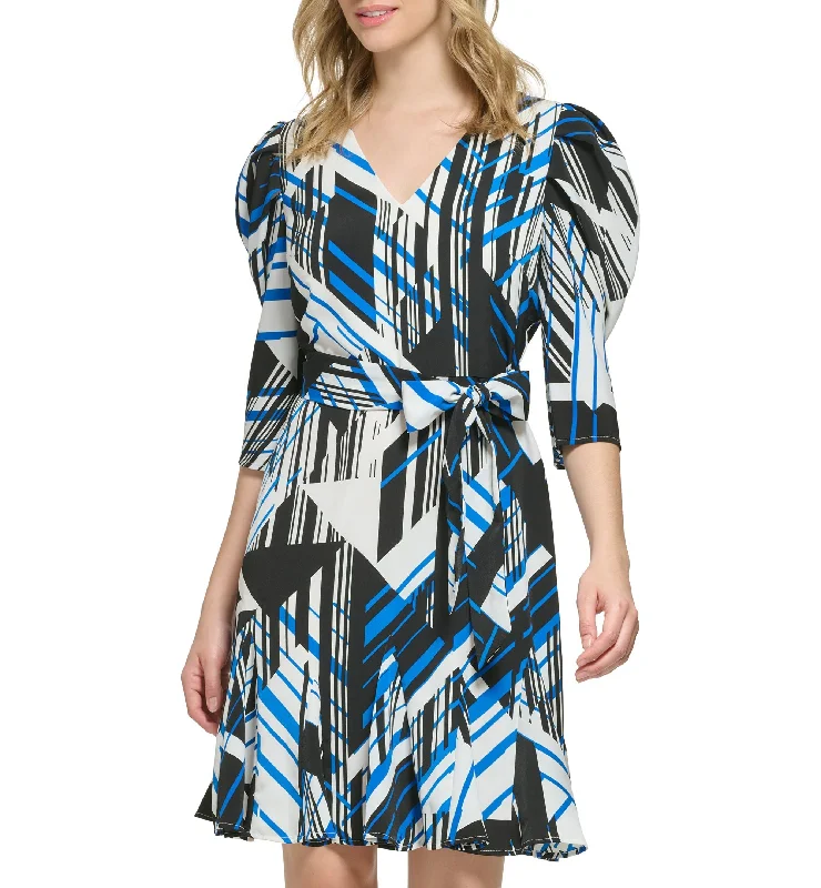 Women's Geo-Print Puff-Sleeve Short Dress