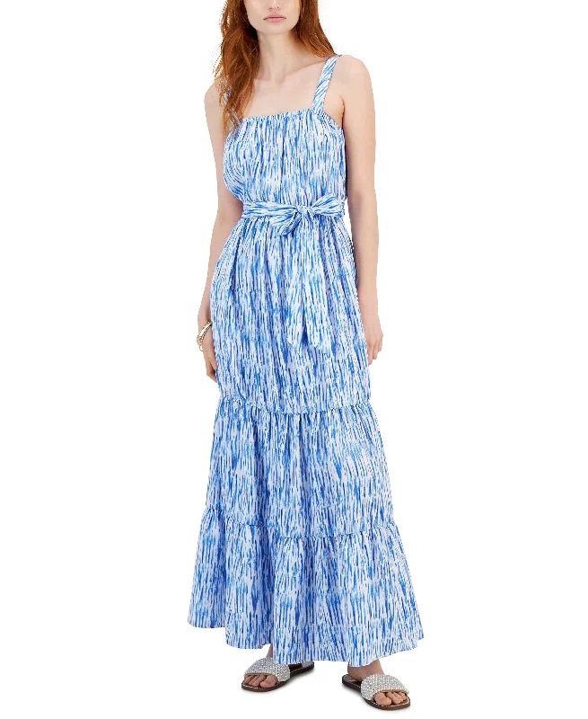 Women's Printed Tiered Tie-Waist Maxi Dress