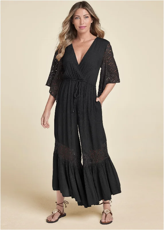 Wide Leg Lace Trim Jumpsuit - Black