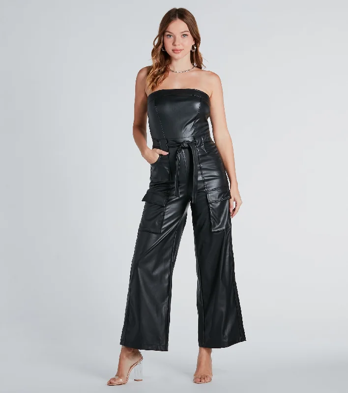 Serving Chic Style Faux Leather Belted Jumpsuit