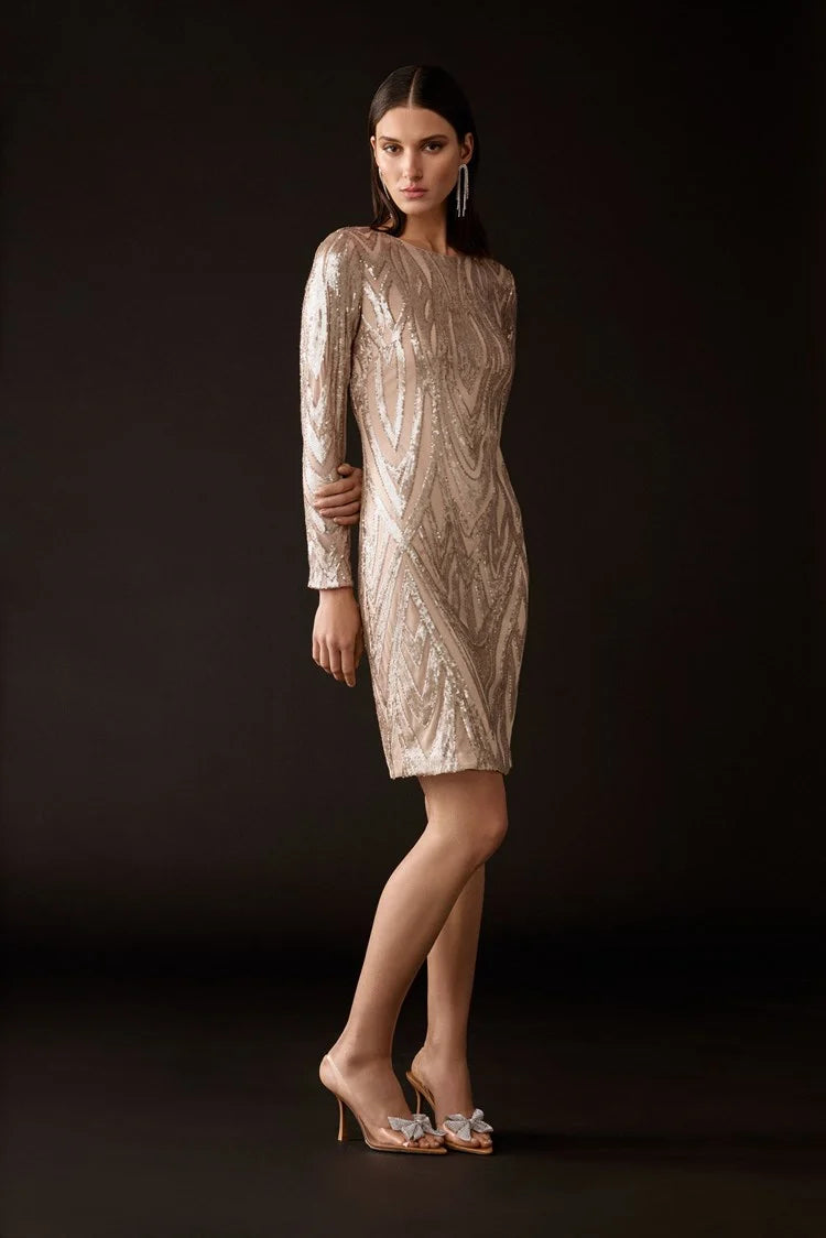 Joseph Ribkoff Matte Gold Placement Sequins Sheath Dress