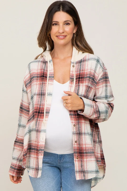 Rust Plaid Hooded Maternity Shirt Jacket