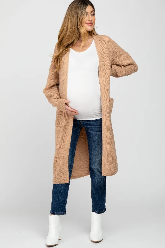 Taupe Bubble Sleeve Long Maternity Cardigan