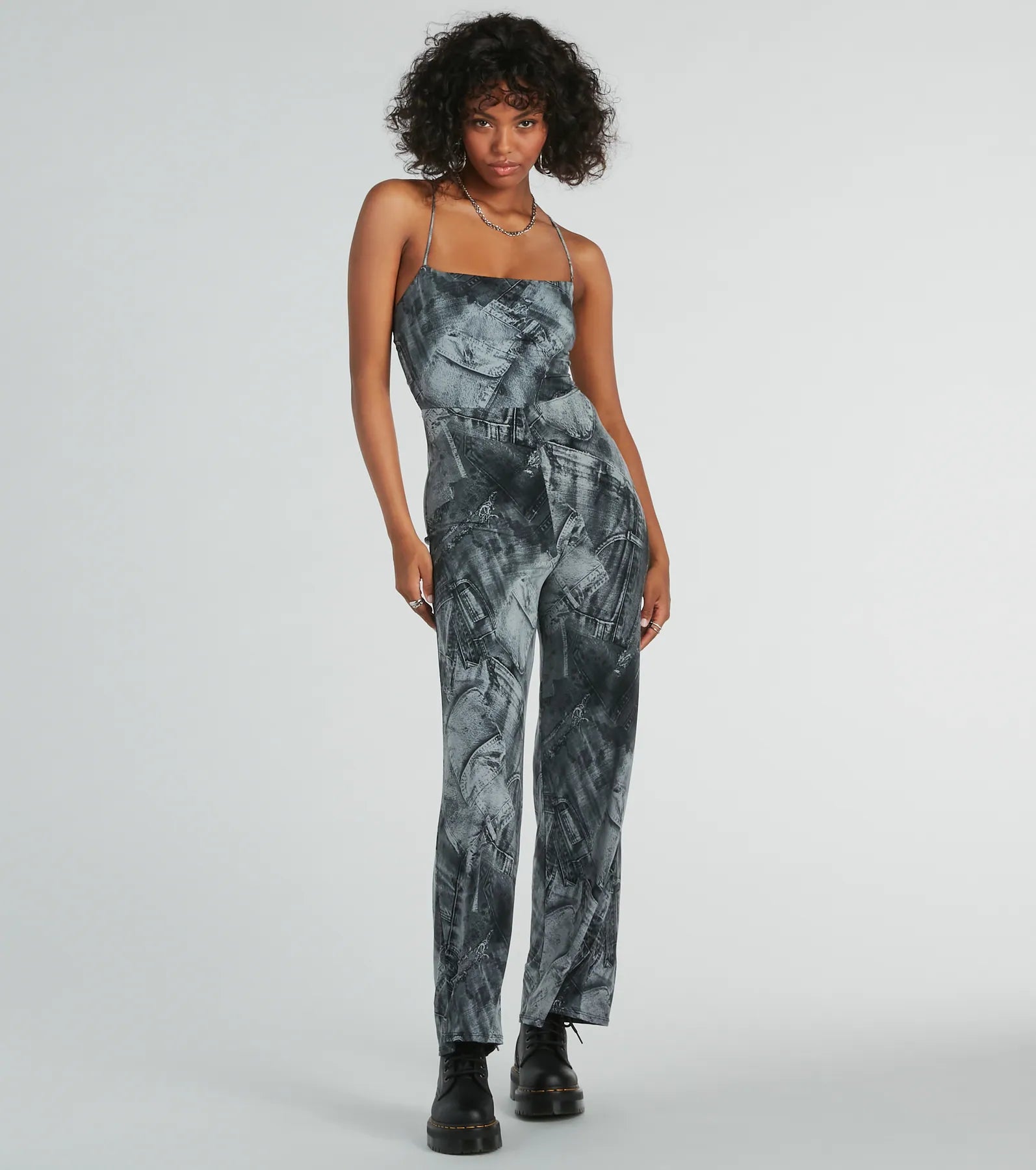 Got Em' Tripping Lace-Up Denim Print Jumpsuit