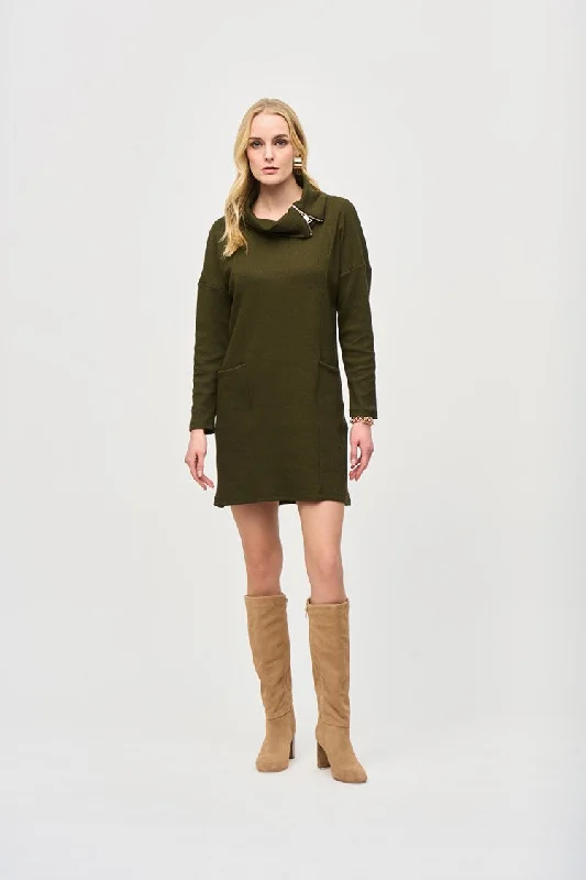 Joseph Ribkoff Olive Needle Rib Zipper Collar Cocoon Dress