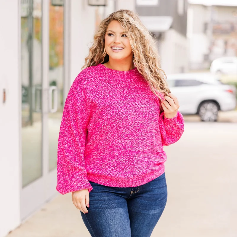 Cozy Bubble Sleeve Sweater, Hot Pink