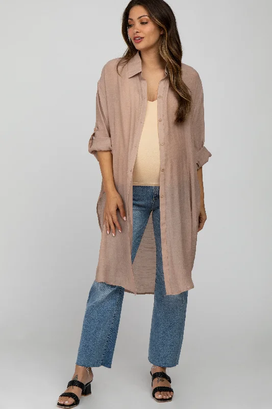 Taupe Button Front Side Slit Oversized Maternity Blouse