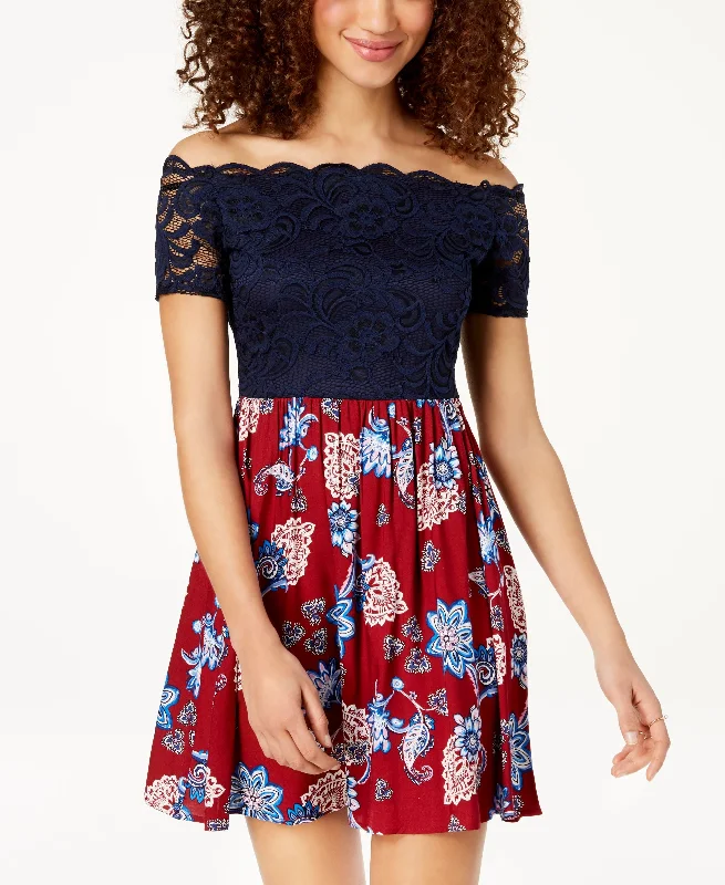 City Studios Juniors Lace Contrast Fit Flare Dress