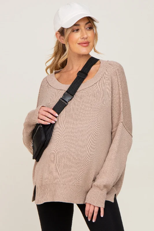 Taupe Exposed Seam Side Slit Maternity Sweater