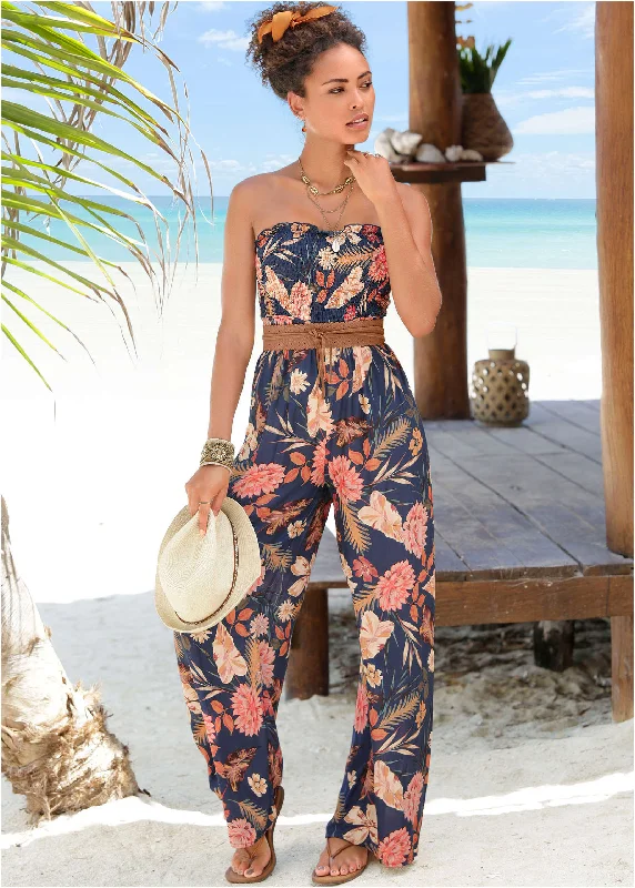 Floral Strapless Jumpsuit - Black Multi