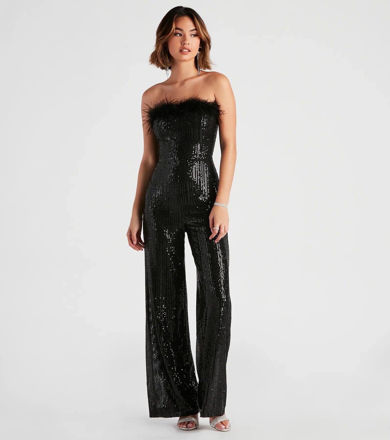 Always Fabulous Feather-Trim Sequin Jumpsuit