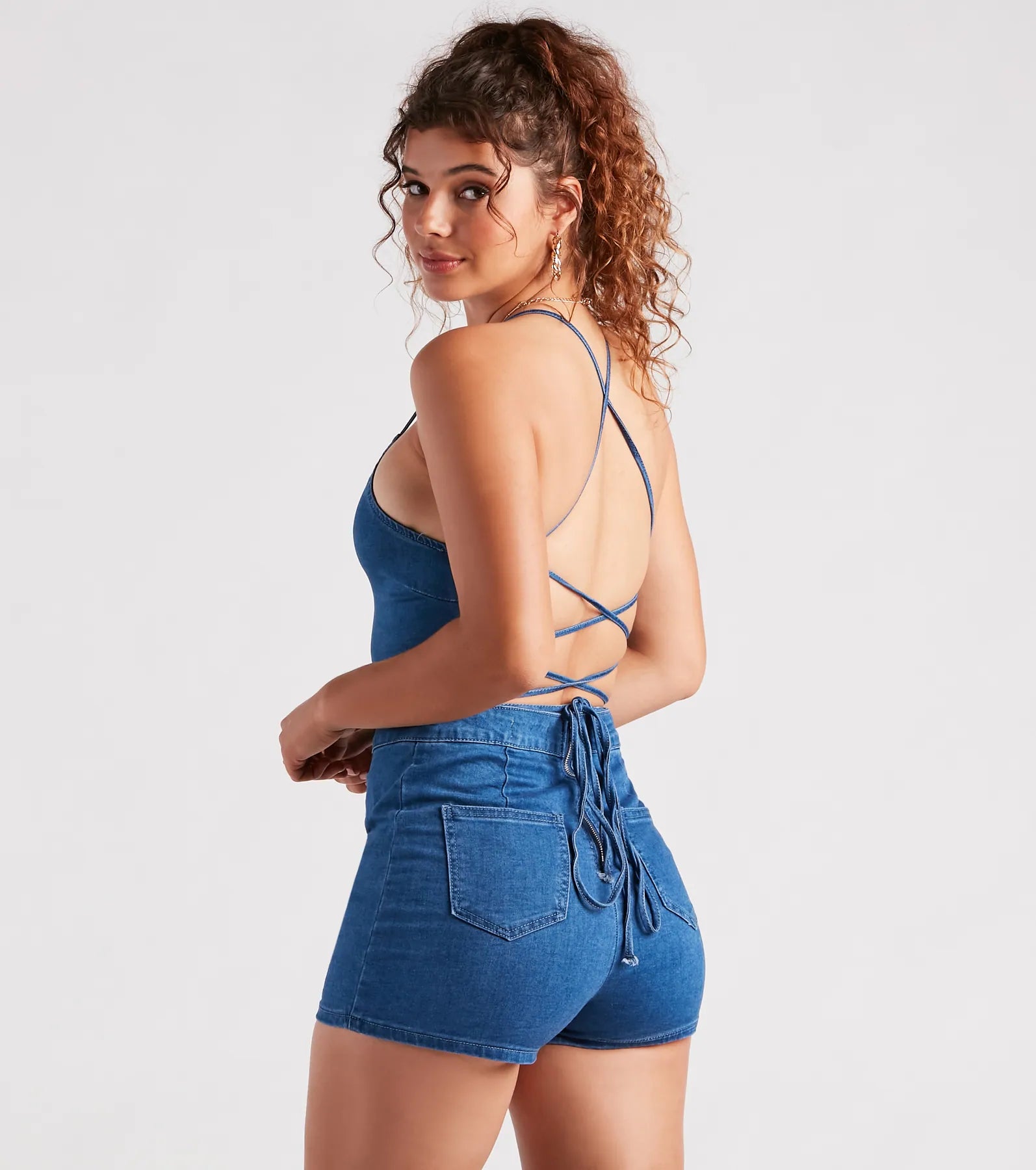 Playful In Denim Lace-Up Romper