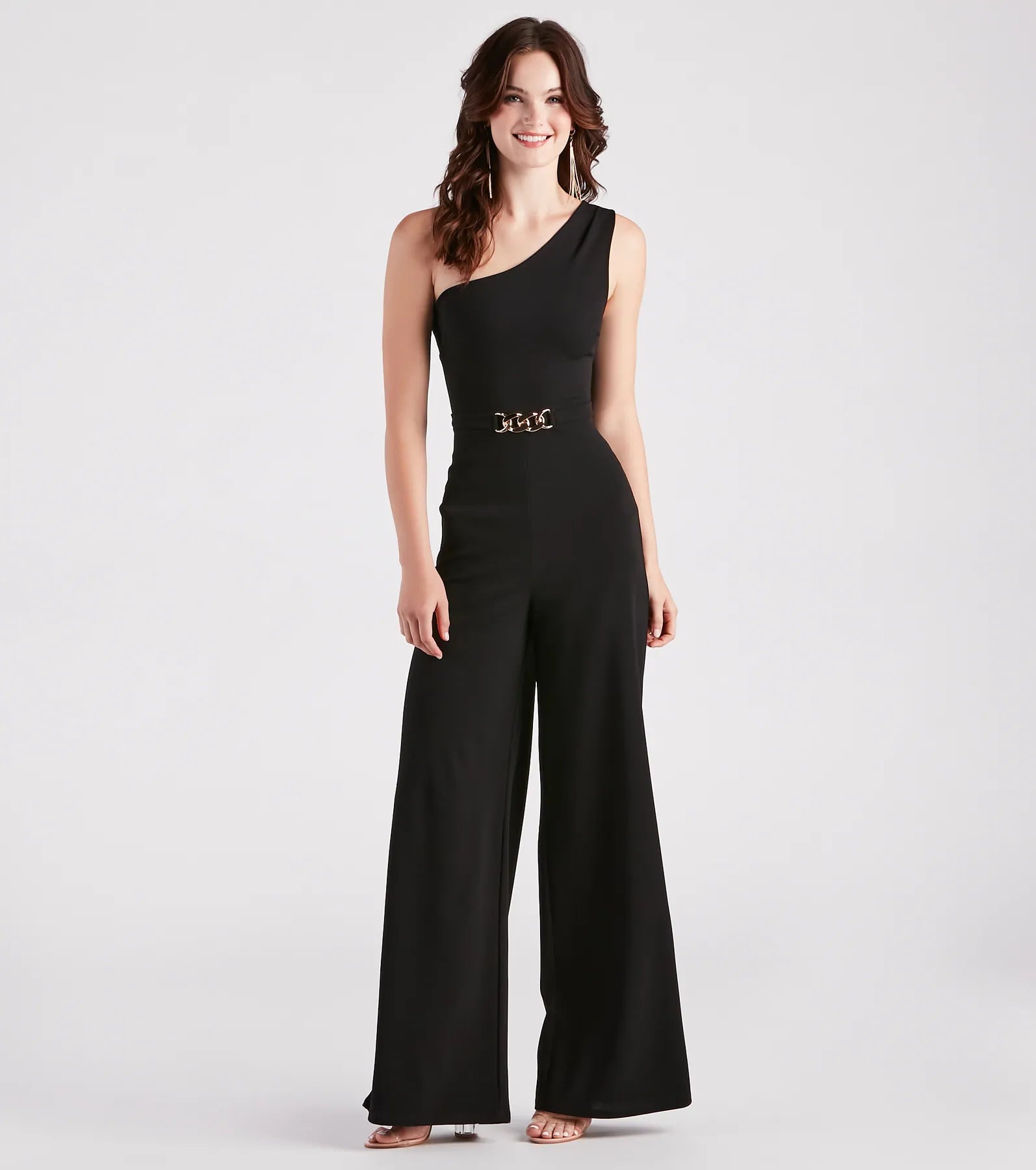 Chain Direction One Shoulder Crepe Jumpsuit