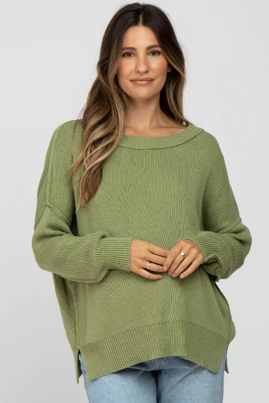 Light Olive Exposed Seam Side Slit Maternity Sweater