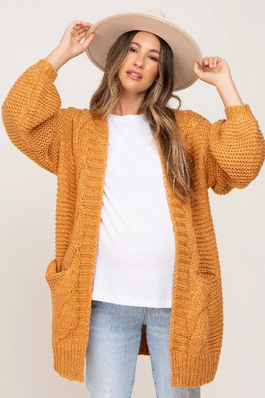 Camel Cable Knit Front Pocket Maternity Cardigan