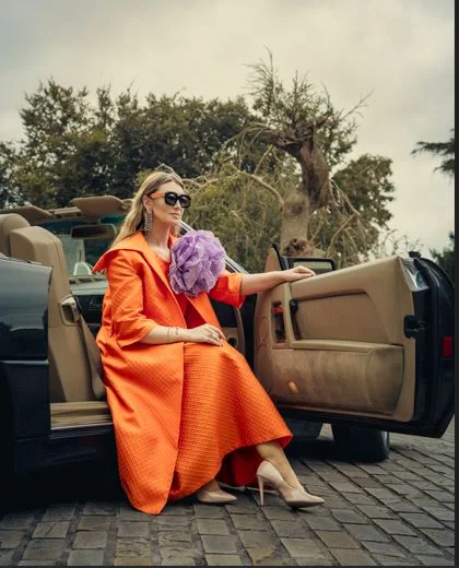 Matilde Cano Orange Naranja Ress, Adamscado Coat And Oscuro Malva Flower