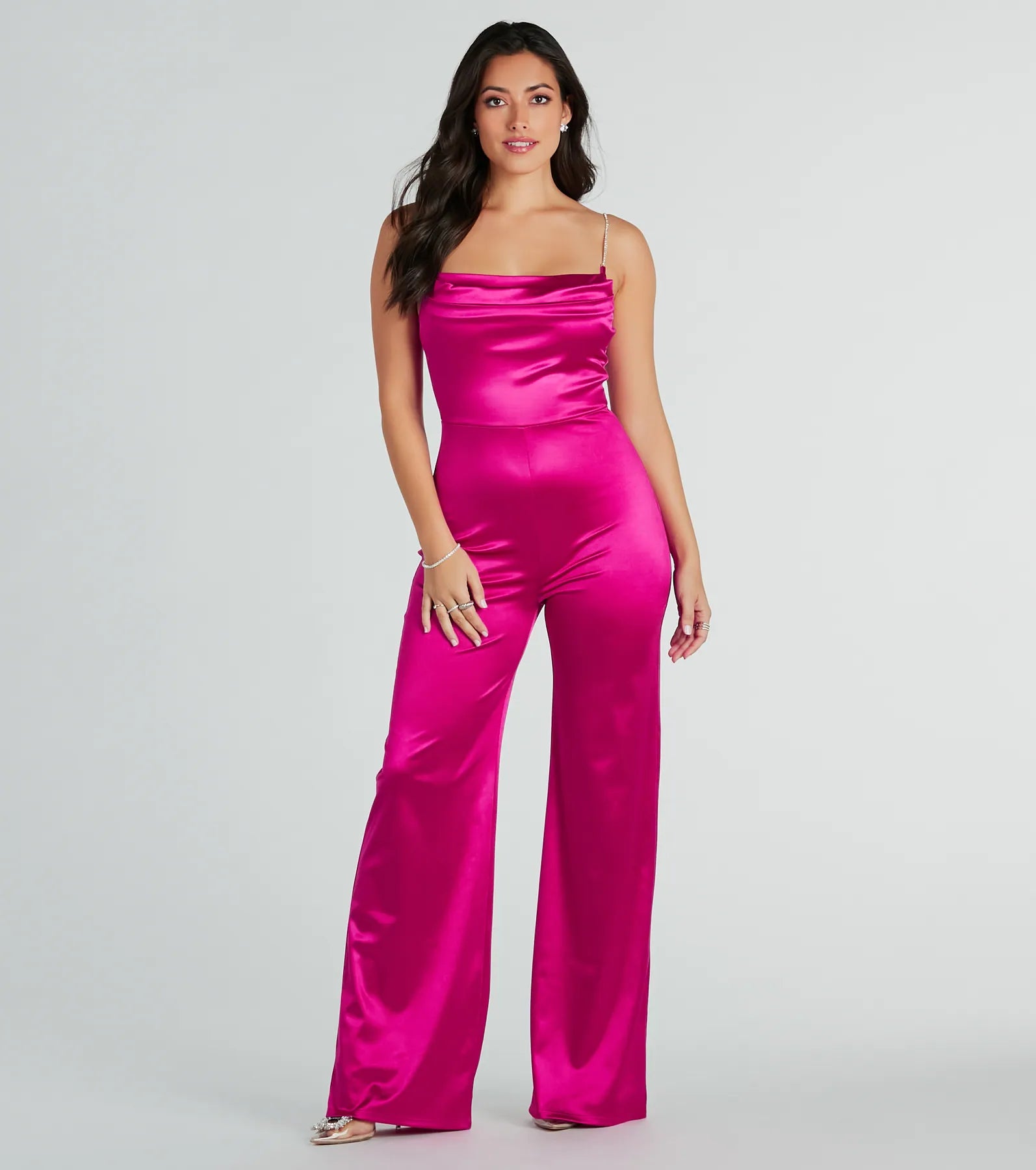 Make It Count Satin Rhinestone Strap Jumpsuit