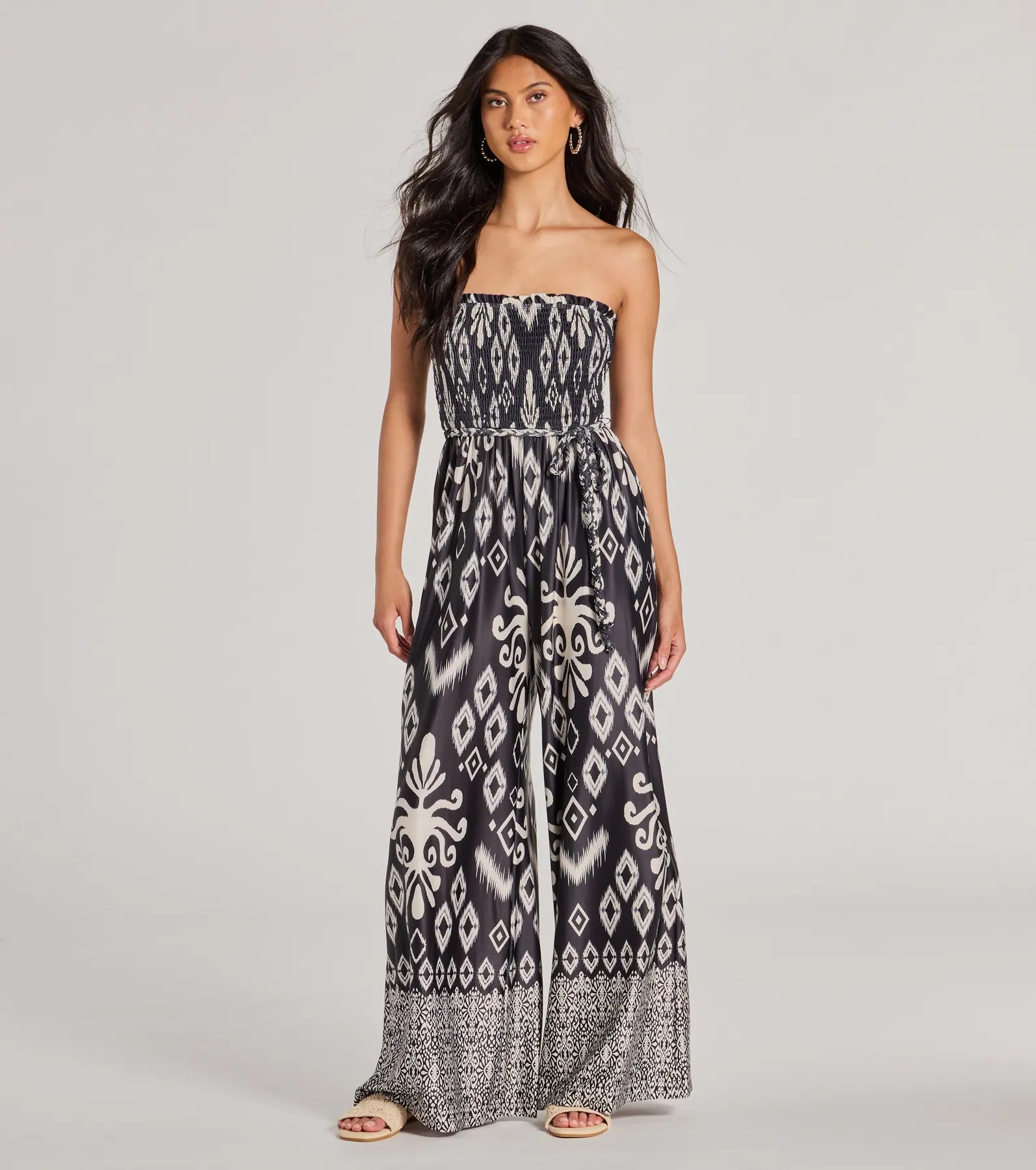 Trendy Ease Strapless Boho Print Wide-Leg Jumpsuit