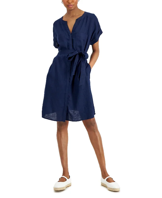 Charter Club Womens Linen Split-Neck Dress