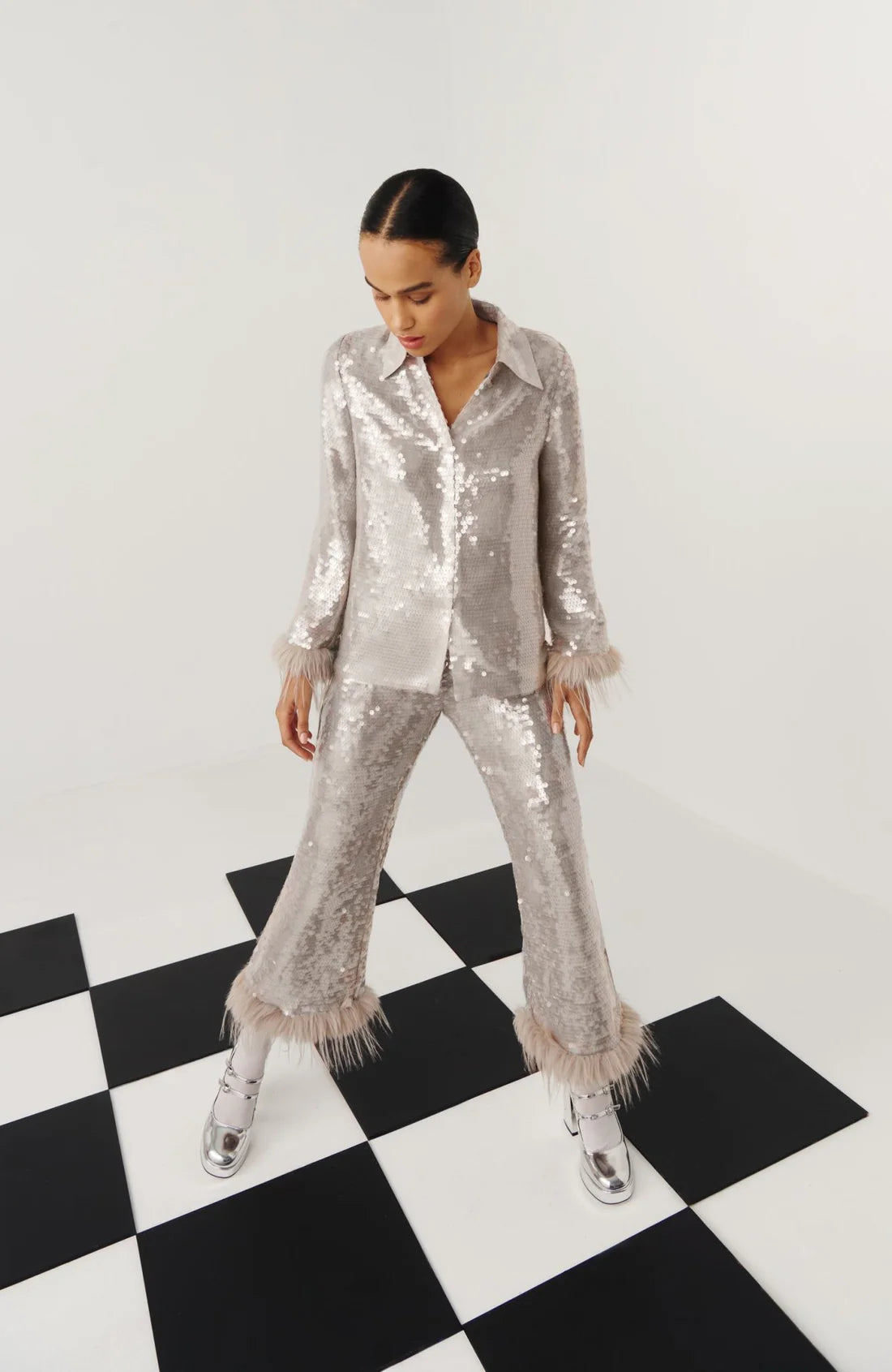 Celia B Oasis Dazzling Sequin & Feather Trim Grey Shirt & Trousers