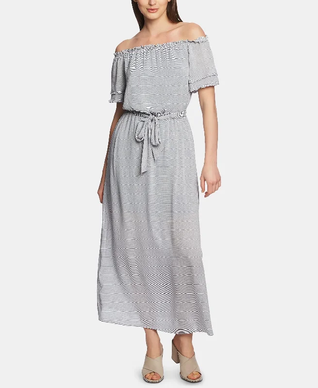 1.State Off The Shoulder Pinstriped Maxi Dress