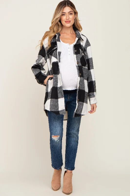 Black Plaid Brushed Long Maternity Shacket