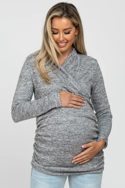 Heather Grey Soft Heathered Draped Wrap Maternity/Nursing Top