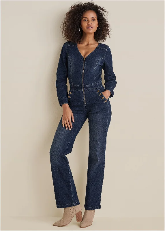 Zip Front Denim Jumpsuit - Dark Wash