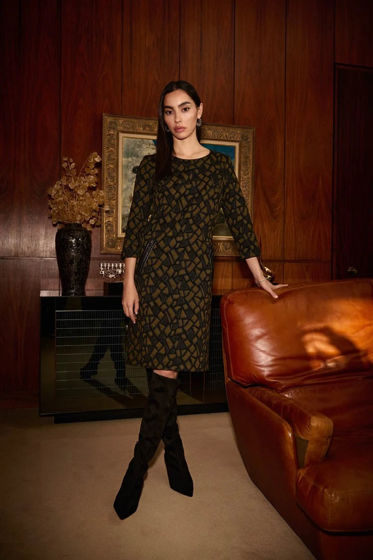 Joseph Ribkoff Olive/Black Jacquard Knit Straight Dress