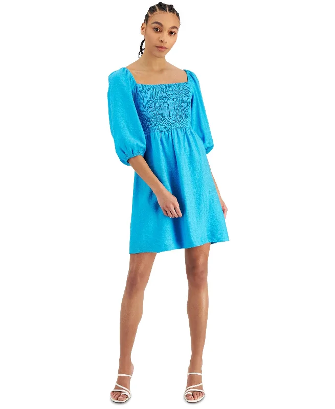 Bar III Womens Puff-Sleeve Smocked Dress