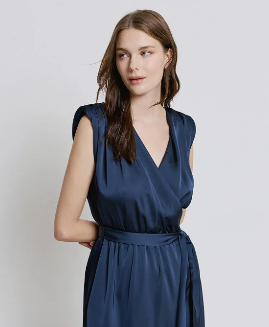 Access Fashion Navy Satin Dress With Tie Belt