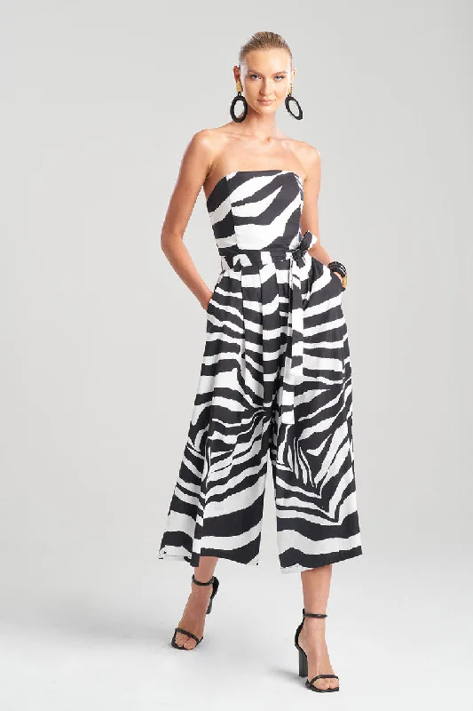 Zebra Cotton Poplin Bustier Belted Palazzo Jumpsuit