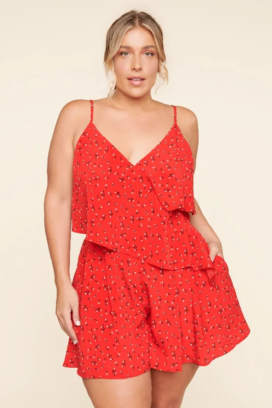 Encantar Cece Floral Print Ruffle Romper Curve