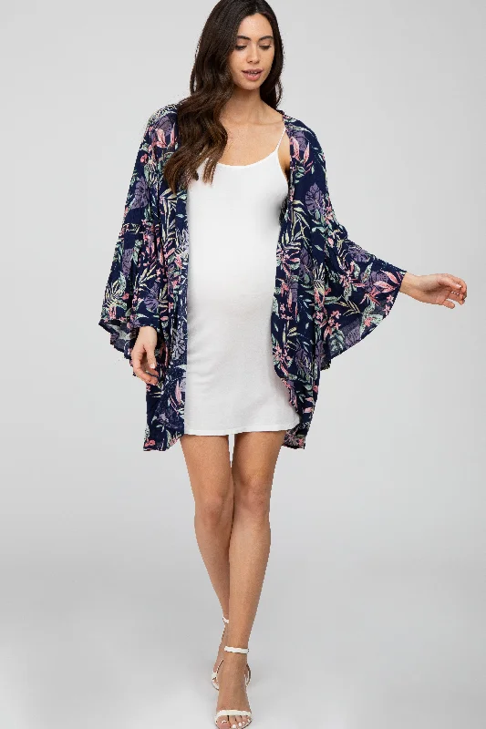 Navy Blue Floral Bell Sleeve Maternity Cover Up