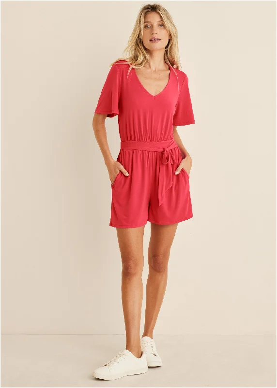 Tie Waist Romper - Red